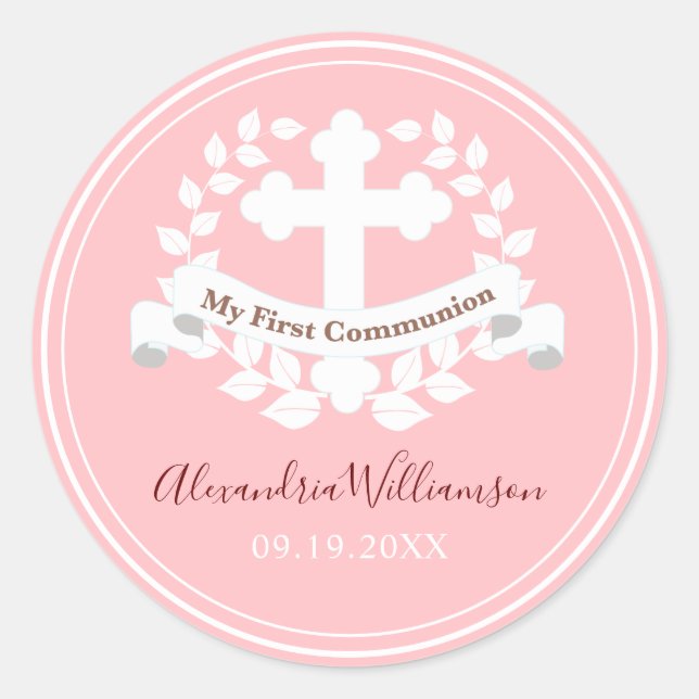 First Communion Girl Pink Classic Round Sticker (Front)