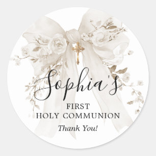 First Communion Girl White Bow Roses Thank You Classic Round Sticker