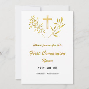 First Communion Gold Cross and Leaf Branches Invitation