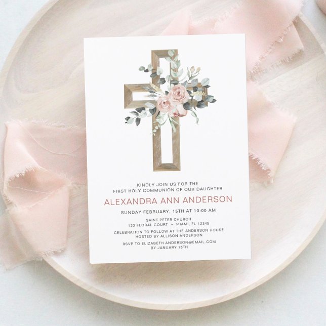 First Communion Gold Cross Blush Pink Floral  Invitation (Creator Uploaded)