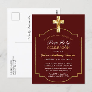 First Communion Gold Cross Burgundy Elegant Invita Postcard
