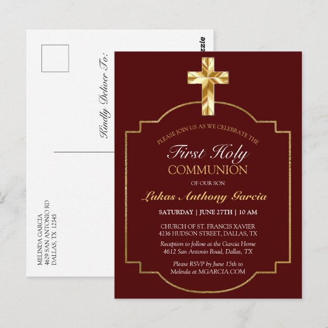 First Communion Gold Cross Burgundy Elegant Invita Postcard (Front/Back)