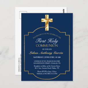 First Communion Gold Cross Burgundy Elegant Invite Postcard
