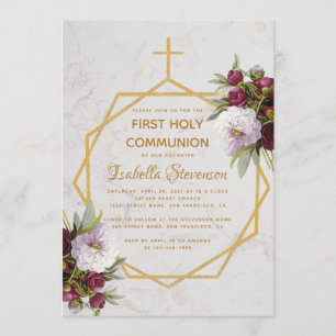 First Communion Gold Cross Burgundy Peonies Marble Invitation