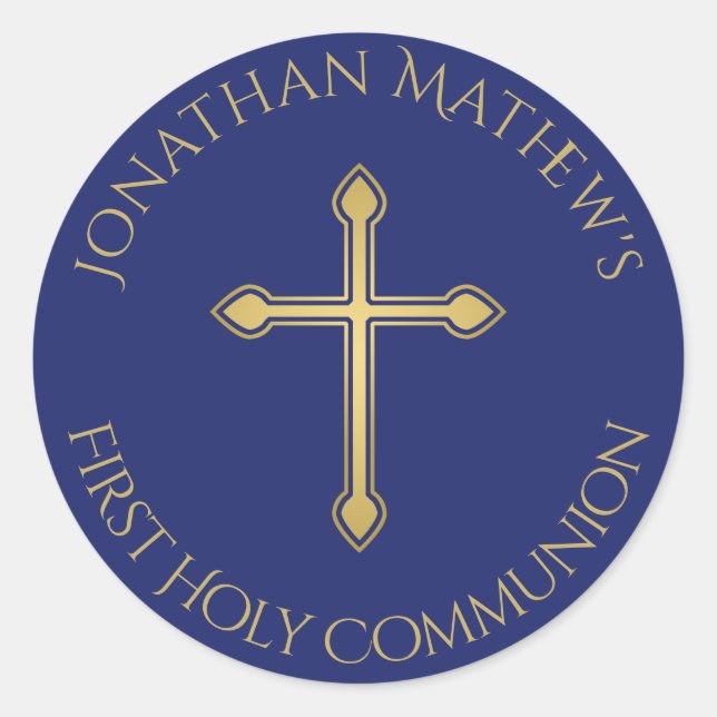 First Communion Gold Cross Monogrammed Name Blue Classic Round Sticker (Front)