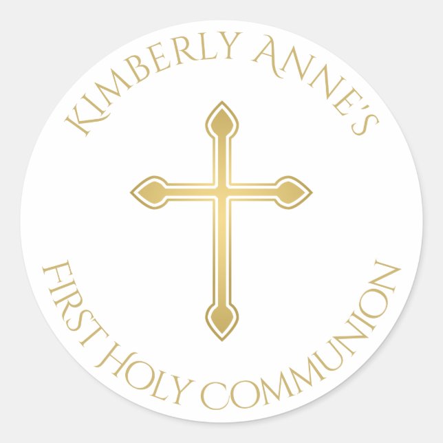 First Communion Gold Cross Monogrammed Name Classic Round Sticker (Front)
