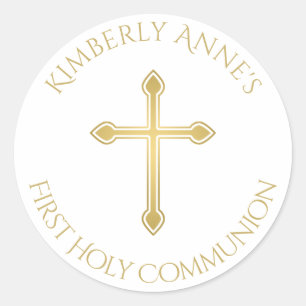 First Communion Gold Cross Monogrammed Name Classic Round Sticker