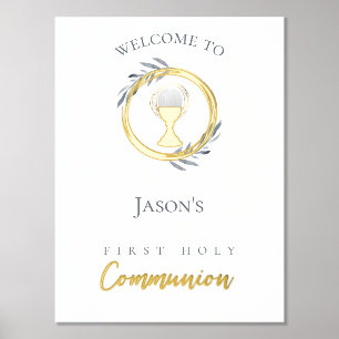 First Communion gold foil details welcome sign