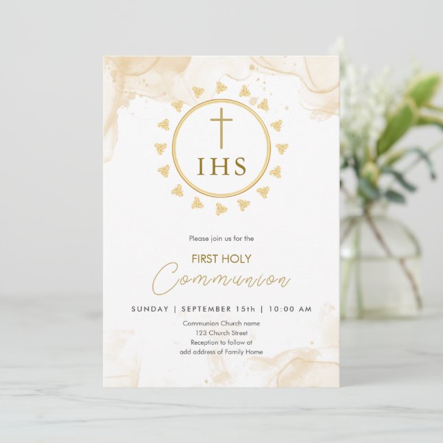 First Communion Gold with IHS lettering Invitation (Standing Front)