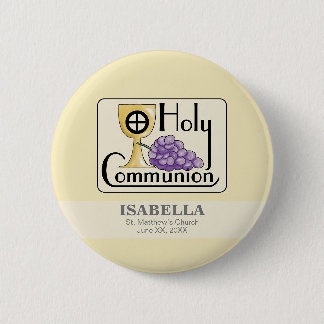 First Communion Grapes and Cup, Customizable 2 Inch Round Button (Front)