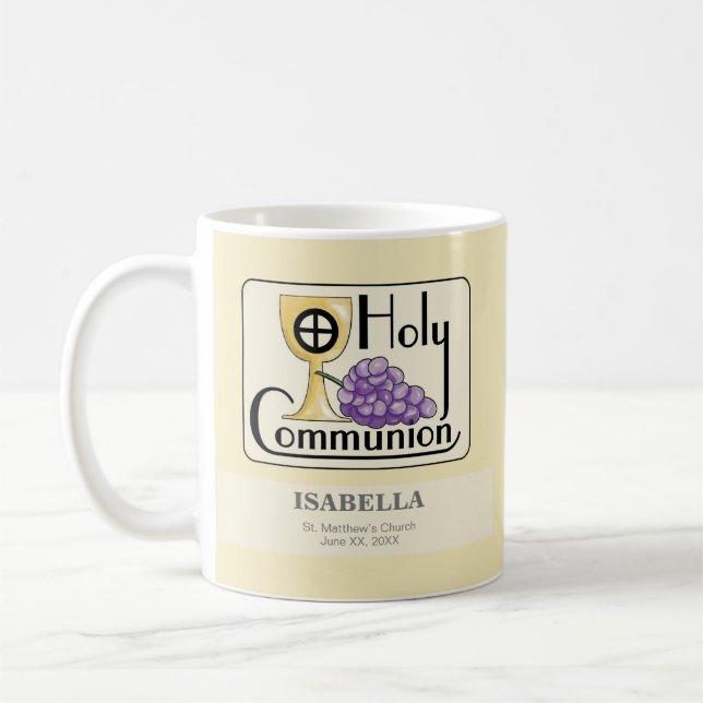 First Communion Grapes and Cup, Customizable Coffee Mug (Left)