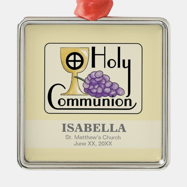 First Communion Grapes and Cup, Customizable Metal Ornament (Front)