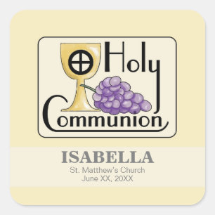 First Communion Grapes and Cup, Customizable Square Sticker