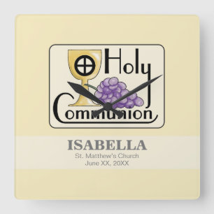 First Communion Grapes and Cup, Customizable Square Wall Clock