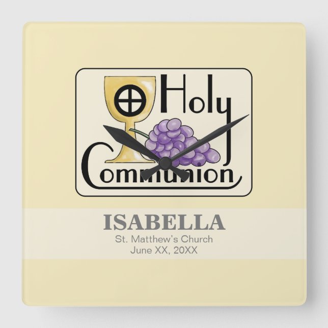 First Communion Grapes and Cup, Customizable Square Wall Clock (Front)