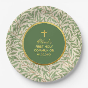 First Communion Green Faux Gold Greenery Foliage Paper Plate