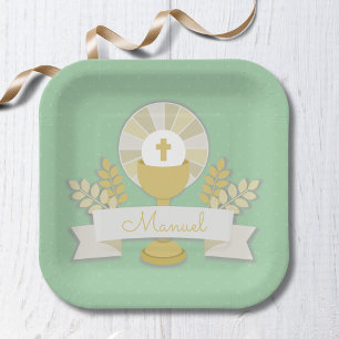 First communion, green first communion paper plate