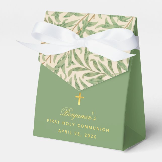 First Communion Green Leaves Foliage Calligraphy Favor Box (Front Side)