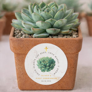 First Communion Green Succulent Faith Plants Seed Classic Round Sticker