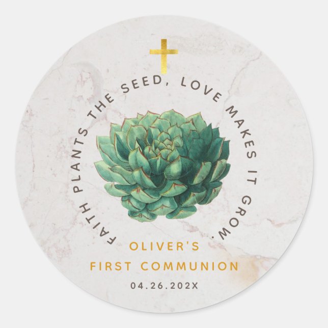 First Communion Green Succulent Faith Plants Seed Classic Round Sticker (Front)