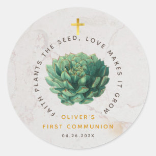 First Communion Green Succulent Faith Plants Seed Classic Round Sticker