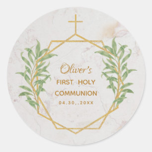 First Communion Greenery Botanical Geometric Gold  Classic Round Sticker