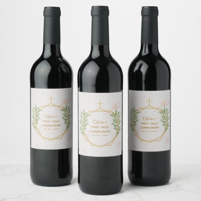 First Communion Greenery Botanical Gold Geometric Wine Label (Bottles)