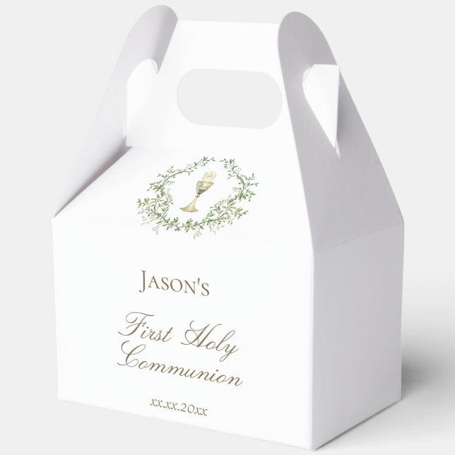 First Communion greenery crest chalice Favor Box (Front)