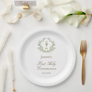 First Communion greenery crest chalice Paper Plate