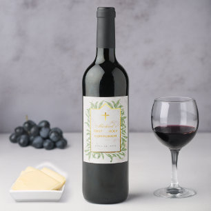 First Communion Greenery Faux Gold Cross Botanical Wine Label