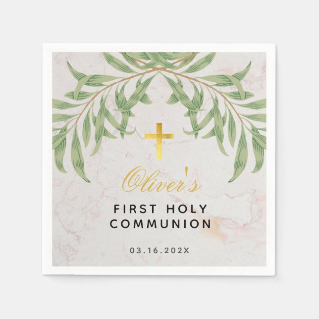 First Communion Greenery Foliage Marble Gold Cross Napkin (Front)