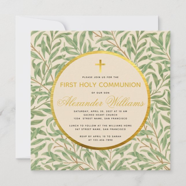 First Communion Greenery Gender Neutral Faux Gold Invitation (Front)