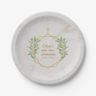 First Communion Greenery Gold Botanical Geometric Paper Plate
