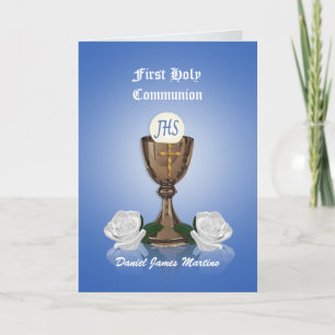 First communion invitation Chalice on blue