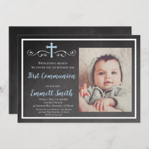 First Communion Invitation, Chalkboard, Boy, Holy Invitation