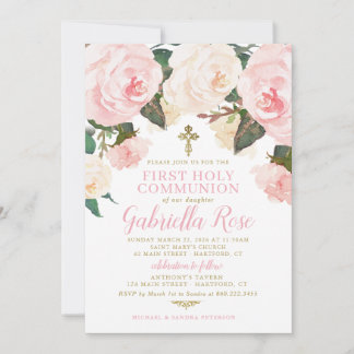 First Communion Invite, Pink Floral Gold Invitation