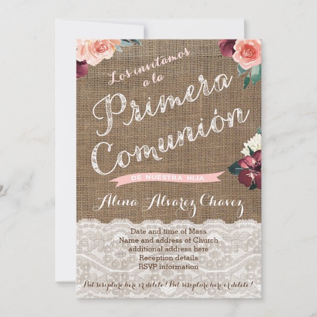 First Communion Invites for Latina Girl in Spanish (Front)