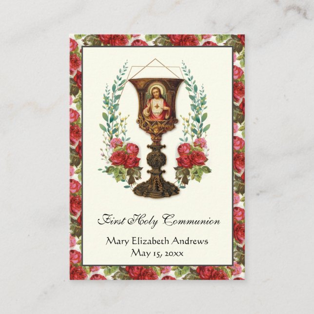 First Communion Jesus Chalice Roses Prayer  Business Card (Front)