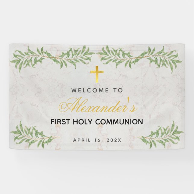 First Communion Marble Foliage Calligraphy Welcome Banner (Horizontal)