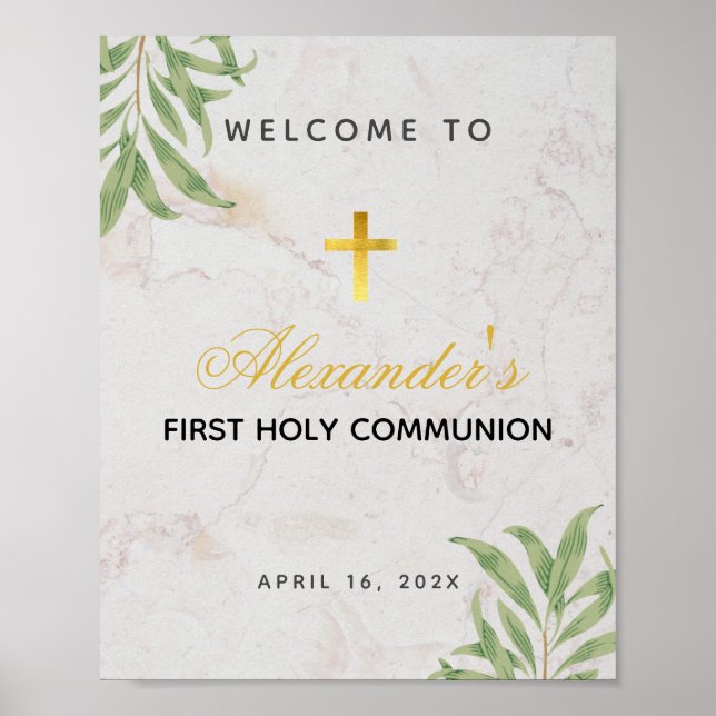 First Communion Marble Foliage Gold Cross Welcome Poster (Front)
