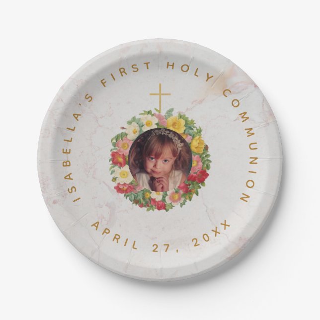 First Communion Marble Girl Photo in Rose Wreath Paper Plate (Front)
