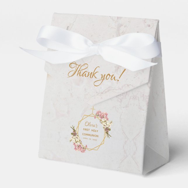First Communion Marble Gold Orchids Floral Girl Favor Box (Front Side)