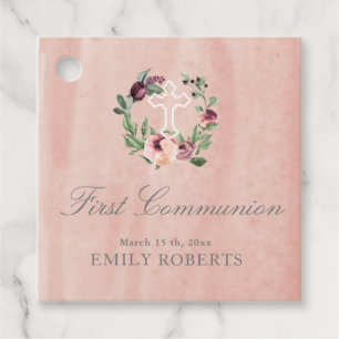 first communion marsala floral blush monogram favour tags