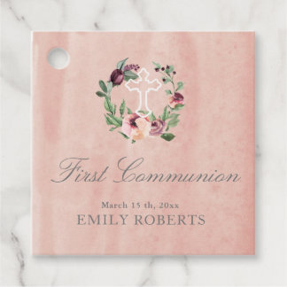 first communion marsala floral blush monogram favour tags