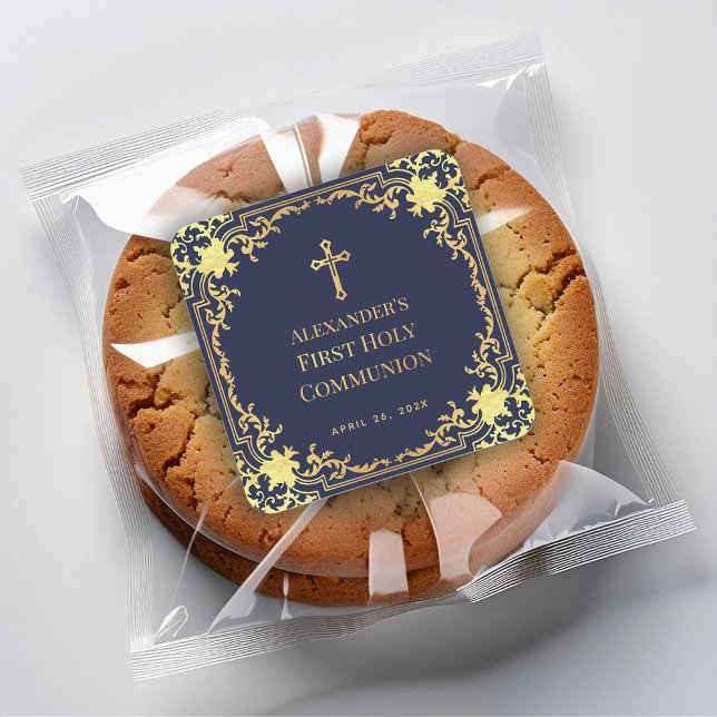 First Communion Navy Blue Elegant  Boy Faux Gold Square Sticker (Creator Uploaded)