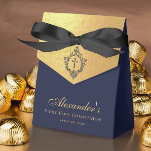 First Communion Navy Blue Faux Gold Elegant Crest Favor Box