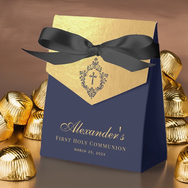 First Communion Navy Blue Faux Gold Elegant Crest Favor Box (Creator Uploaded)