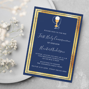 First Communion navy blue gold chalice host Invitation