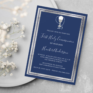 First Communion navy blue silver chalice host Invitation