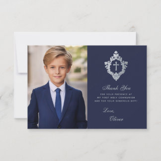 First Communion Navy Blue Vintage Boy Photo Crest Thank You Card
